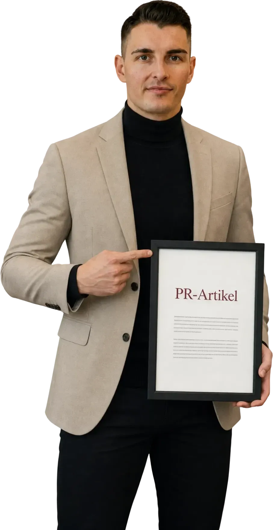 Nolen Kunert zeigt auf einen gerahmten PR-Artikel